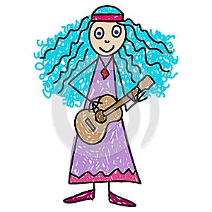 Children music classes. Little girl with long blue curly hair playing guitar. Kids Drawing style vector