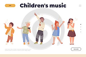 Children music inscription on landing page design template offering vocal classes for kids