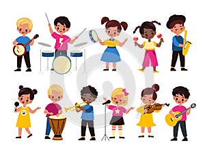 Children music orchestra. Kids music multiracial group, happy girls and boys play instruments and singing. Violin and photo