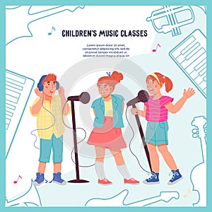 Children music vocal classes banner or poster template. flat vector illustration.