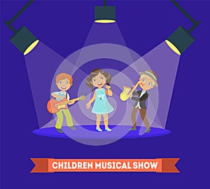 Children Musical Show Banner Template, Kids Performing on Stage, Boys and Girls Singing and Playing Music Instruments