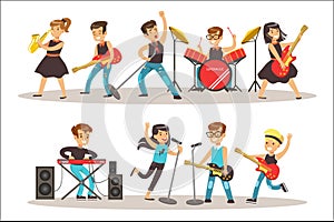 Children Musicians Performing On Stage On Talent Show Colorful Vector Illustration With Talented Schoolkids Concert