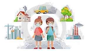 Children in N95 masks. Dirty environment protection, face mask protect from street smoke and PM2. 5 vector illustration