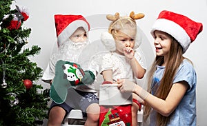 Children near Christmas tree are looking for gifts in Santa`s stocking.