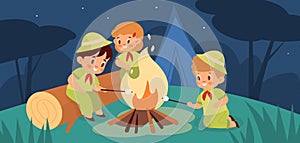 Children night campfire. Young adventurers around night fire fried marshmallows, nighty forest, kids on hike overnight