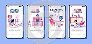 Children online education and home schooling app set cartoon vector illustration. photo