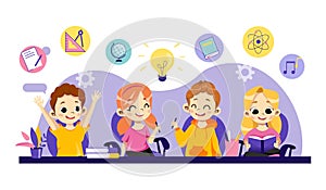 Children Online Education, Remote Study, Distance Exam, Training Courses, Video Tutorials. Cheerful Smiling Kids