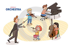Children orchestra and conductor direction concert