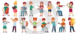 Children orchestra play music. Child playing ukulele guitar, girl sing song and play drum. Kids musicians with music photo