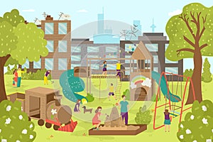 Children at outdoor playground near house, vector illustration. People kids character play at park background landscape