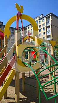 Children outdoor playground in new residential area. Nobody. Comfortable safe urban environment. City living. Healthy lifestyle.