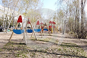 Children outdoor playground in a new residential area. Nobody. Comfortable safe urban environment. City living. Stay at