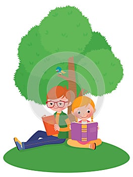Children outdoors reading a book photo