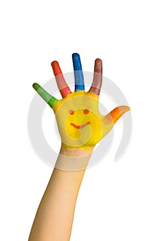 Children painted hand with smiling face. Happy kids draw smileys
