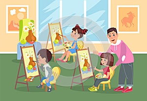 Children painting with teacher. Little students in art class. Kids sitting at easels. Boys and girls drawing pictures