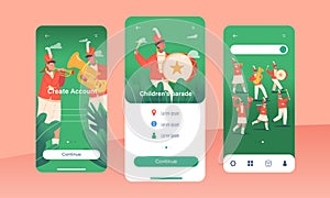 Children Parade Mobile App Page Onboard Screen Template. Kid Characters Band In Red Uniform Marching with