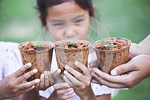 Children and parent hands holding young seedlings in recycle fiber pots together for planting in garden