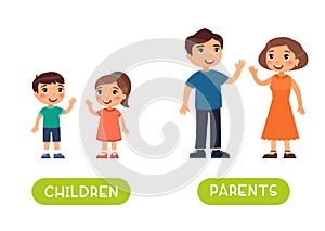 Children and parents antonyms word card vector template.