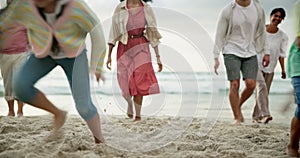 Children, parents and grandparents at beach for running, playing and happy with bonding on vacation. Men, women and kids
