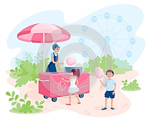 Children in the park buy cotton candy from a saleswoman with a mobile cart. Cartoon vector illustration