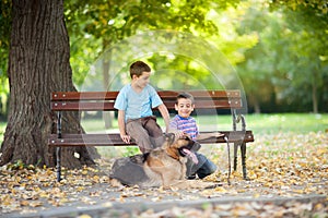 Children in the park with a German Shepherd