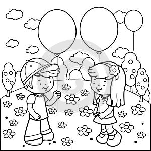 Children at the park playing with balloons. Vector black and white coloring page.