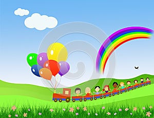 Children party train with rainbow