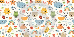 Children pastel playful geometric animal seamless pattern