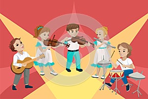 Children perform at a concert and play musical instruments. Vector concept illustration