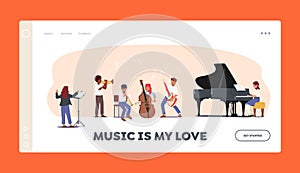 Children Performing on Philharmonic Stage Landing Page Template. Music School Students with Various Instruments