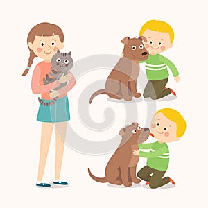 Children and pets. Child lovingly embraces his pet dog. Little dog licking boy`s cheek. Teenage girl with her cat. Best