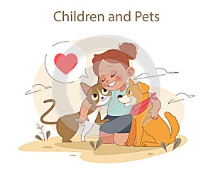 Children and pets. Joyful interactions with domestic animals. Love