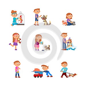 Children and pets. Kid with pet, child holding pig and bird. Toddler care about dogs and cats, cartoon isolated owner