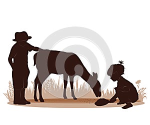 Children and pets silhouettes. Little boy and girl feeding young deer.