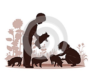 Children and pets silhouettes. Little boy and girl playing with piglets.