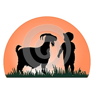 Children and pets silhouettes. Little boy playing with goat.