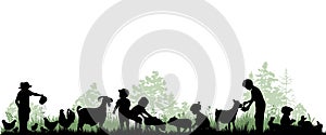 Children and pets silhouettes. Little girls and boy play and feed animals.