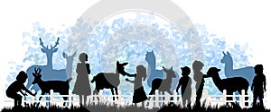 Children and pets silhouettes. Little girls and boys play and feed animals.