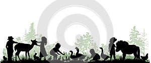 Children and pets silhouettes on white background. Little girls and boy play and feed farm animals.