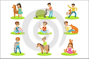 Children Petting The Small Animals In Petting Zoo Collection Of Cartoon Illustrations With Kids Having Fun