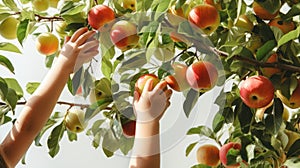 Children picking up a red apple