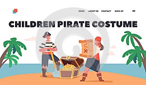 Children Pirates Costume Landing Page Template. Kids Buccaneers Hiding Loot in Trunk on Island, Funny Boy and Girl photo