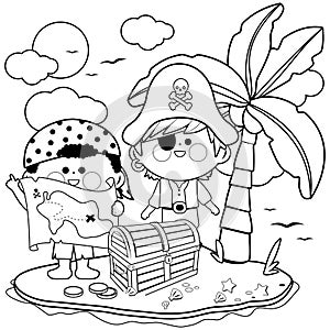 Children pirates on a treasure island with treasure map finding chest with gold treasure. Vector black and white coloring page