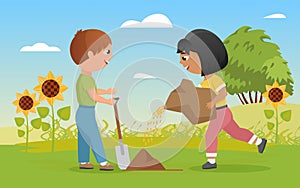 Children plant seeds, funny child boy holding shovel, little happy farmer girl planting