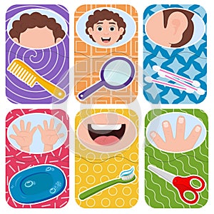 Children play on associations. Hygiene cartoon cards.