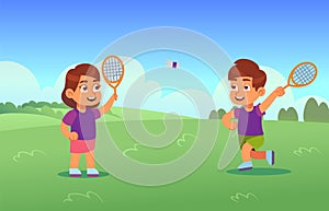 Children play badminton. Happy boy and girl with racket and shuttlecock on court, little kids playing outdoors, cartoon