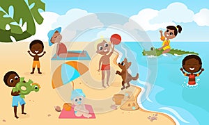 Children play on the beach, swim, run to the water, frolic with the dog. Summer vacation in cartoon style near the sea.