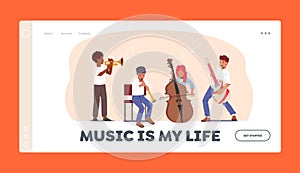 Children Play Music Landing Page Template. Students with Various Instruments Trumpet, Double Bass, Bassoon and Guitar