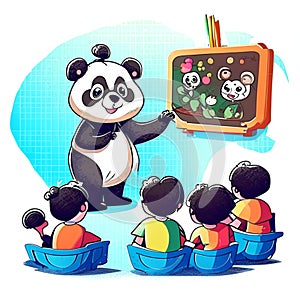 Children play with panda. Vector illustration of cute cartoon panda with kids. AI generated