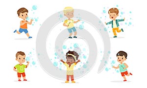 Children play with soap bubbles. Vector illustration.